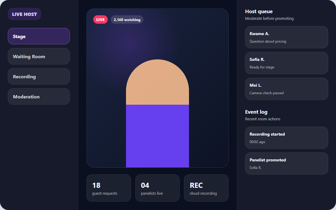 Twitch-style MediaSFU host dashboard preview