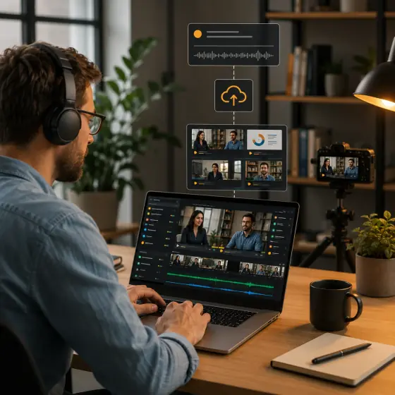 Producer reviewing a recorded session alongside its transcript and generated notes