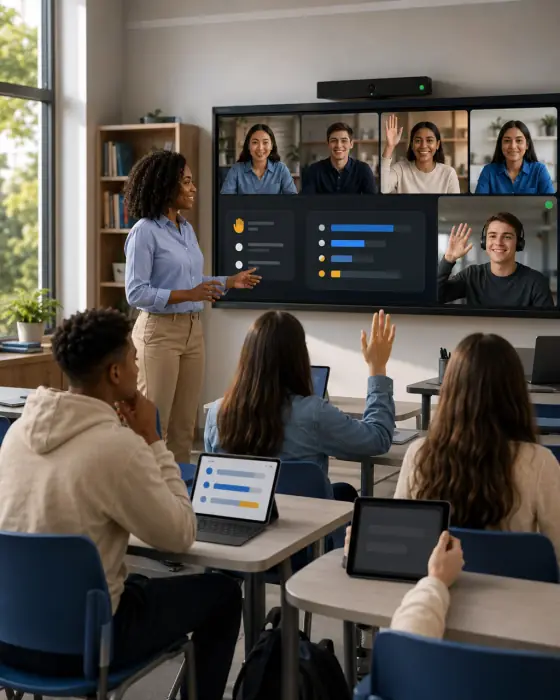 Teacher leading a class with remote students joining on the room display