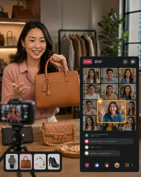Seller presenting a product on a live shopping stream with viewers and reactions