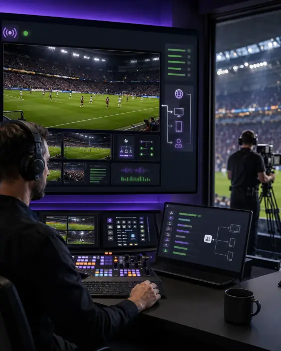 Broadcast operator monitoring a live stadium stream across multiple renditions