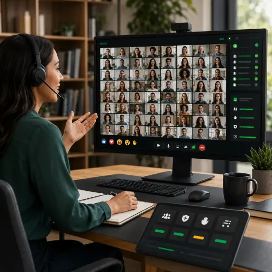 Host running a large video meeting with dozens of participants on screen